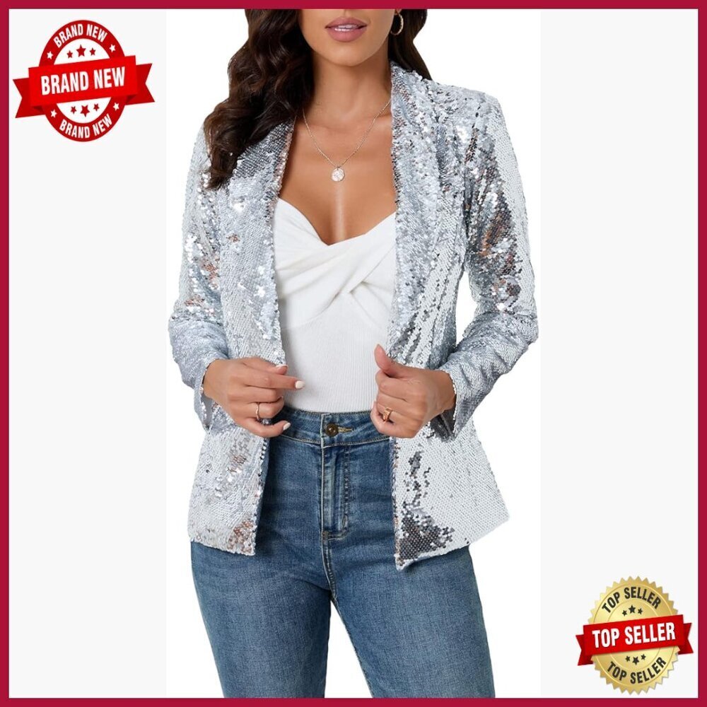 Sequins Blazer Long Sleeve Sparkle Open Front Jacket Shawl Collar Cardigan